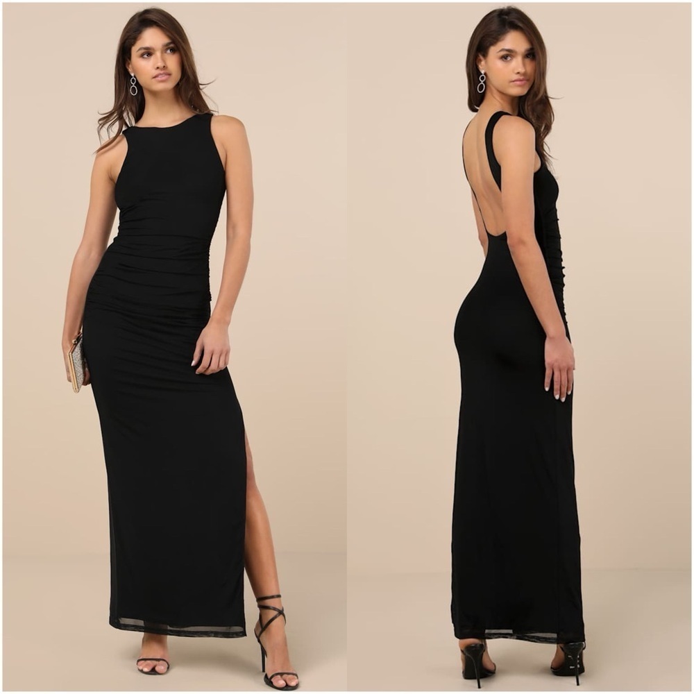 LULU’S Karise Black Mesh Ruched Backless Maxi Dress